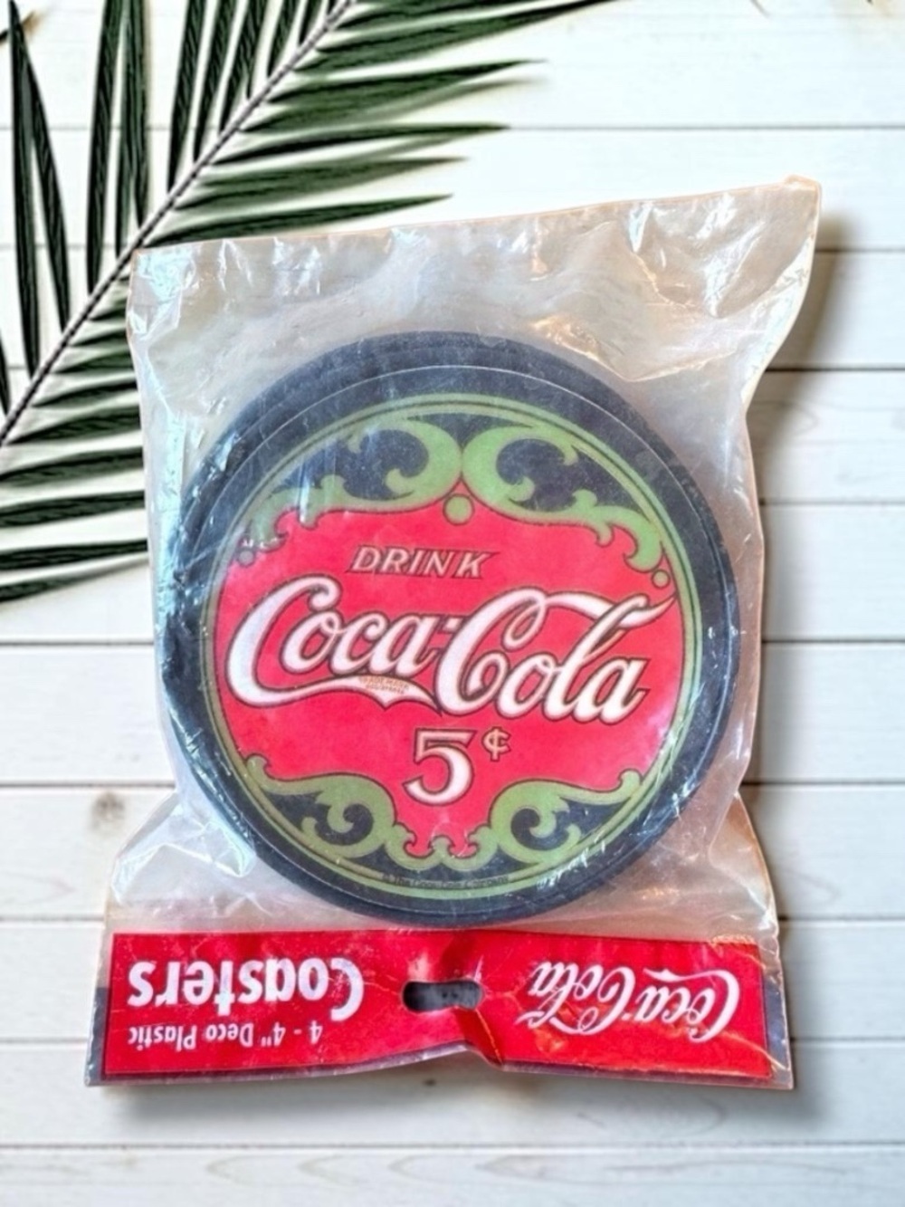Vintage Coca-Cola 5¢ Deco Plastic Coasters - Set of 4 - New in Package